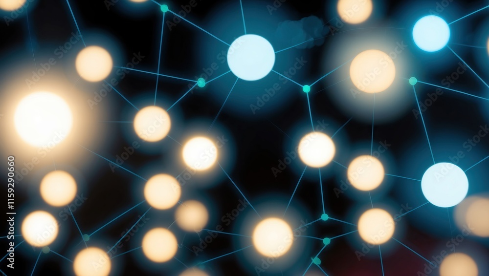 Poster abstract network representation showcasing digital connections with glowing circles and nodes, symbo