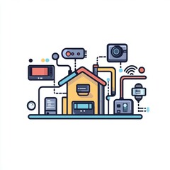 A colorful illustration of a smart home with various connected devices, emphasizing modern technology.