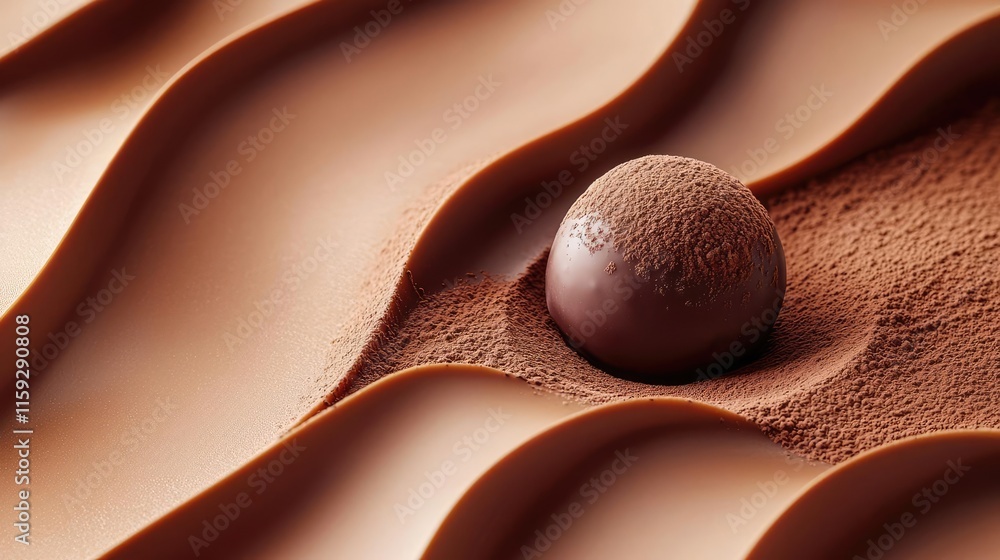 Poster Minimal chocolates idea. Close-up of smooth chocolate waves with a round chocolate truffle in the center.