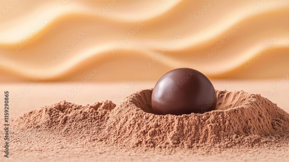 Poster minimal chocolates idea. elegant chocolate truffle nestled in cocoa powder on a soft background.