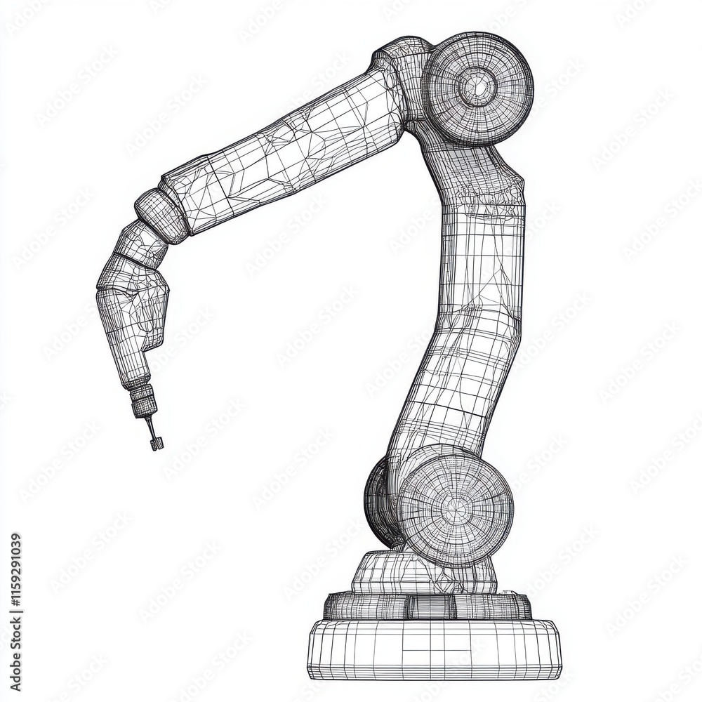 Poster wireframe model of a robotic arm demonstrating precision and engineering in automation.