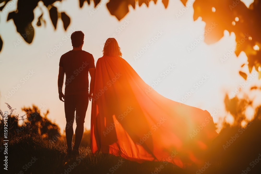 Poster a couple enjoying the warm light of sunset in a vast open field