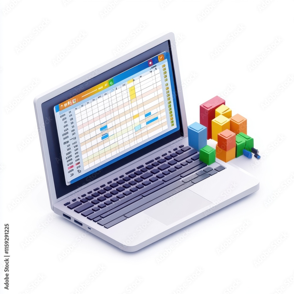 Poster a modern laptop displaying data analysis on its screen, with colorful building blocks symbolizing gr