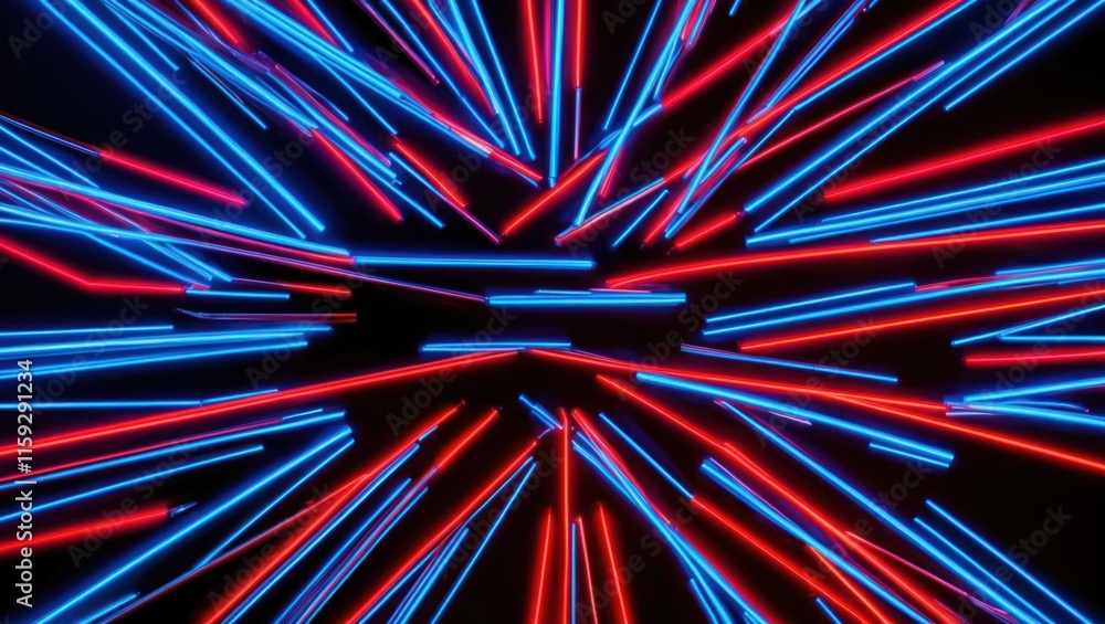 Poster dynamic abstract design featuring vibrant blue and red neon lines radiating in multiple directions, 