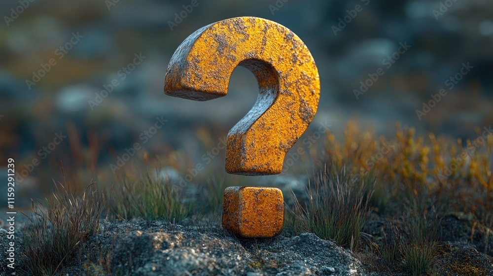 Poster A worn-out question mark on a rock in a grassy field