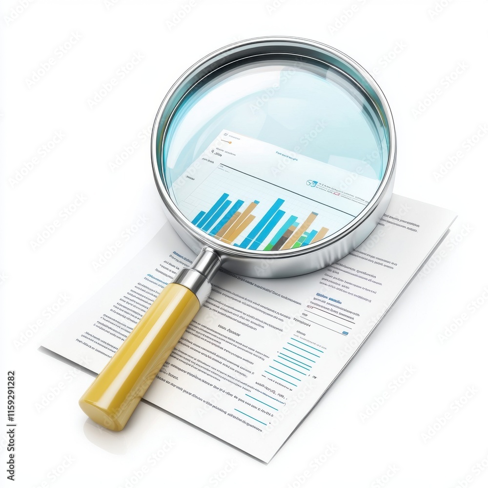 Poster a large magnifying glass focuses on analytical charts and graphs on a document, highlighting data an