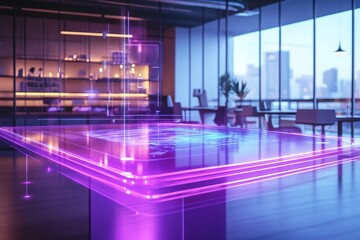 glowing interactive holographic table used for brainstorming session in modern office