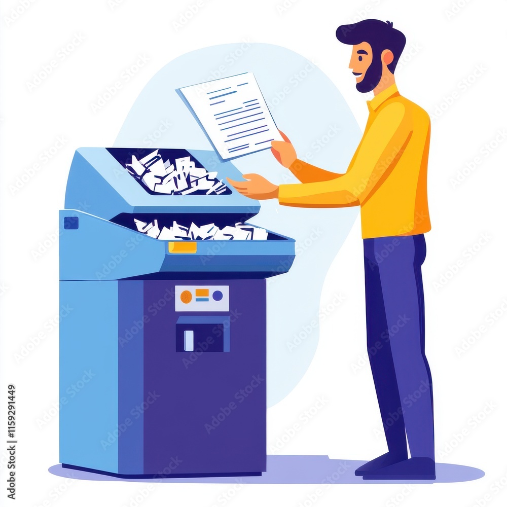 Poster a young man with a beard using a paper shredder to dispose of documents in a neat office setting.