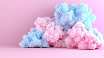 Soft pastel clouds in pink and blue hues against a light pink background create a whimsical, dreamy atmosphere.
