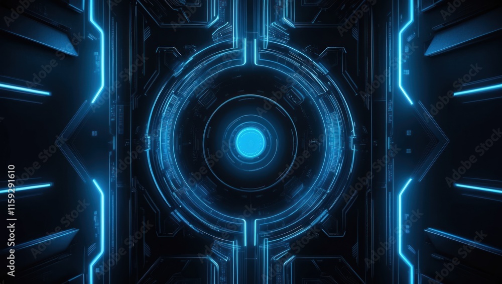 Poster futuristic blue light design featuring circular patterns and abstract lines, ideal for technology an