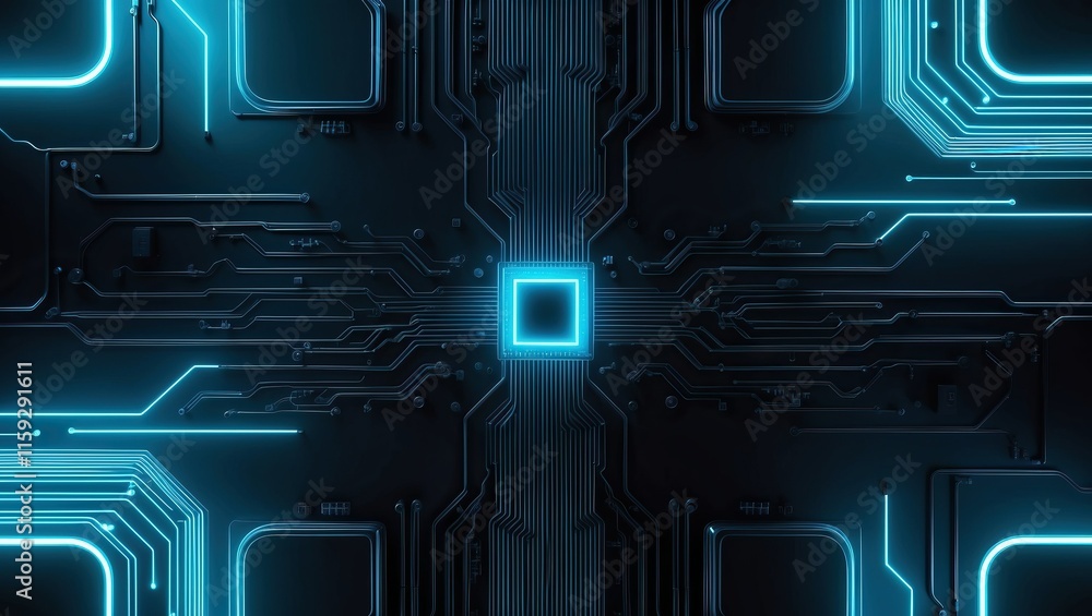 Poster futuristic circuit board with glowing neon lines in a dark setting, representing advanced technology