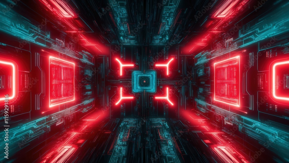 Aufkleber futuristic digital space featuring glowing neon patterns and circuit designs, creating an immersive 