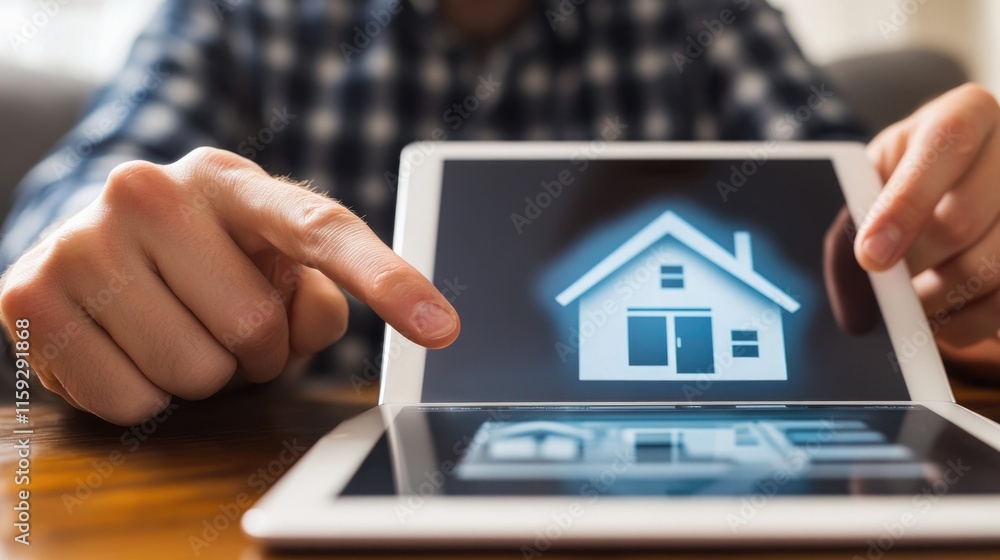 Poster a person holds a tablet displaying a 3d model of a house