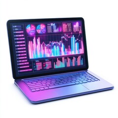 A sleek laptop displaying vibrant data analytics visuals in pink and blue tones, showcasing graphs and metrics.
