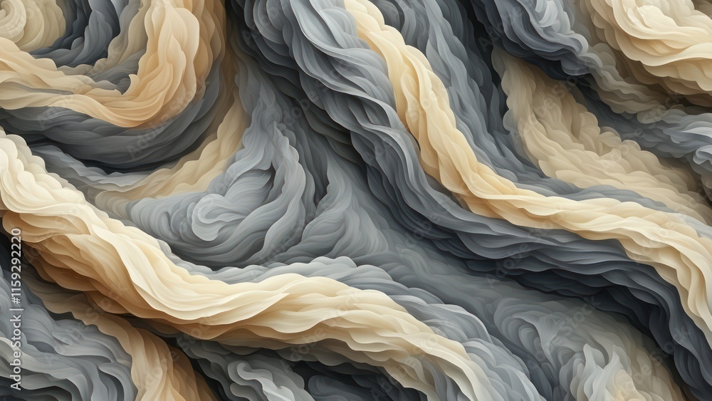 Poster abstract fluid shapes blend shades of beige and gray, creating a serene and elegant design suitable 
