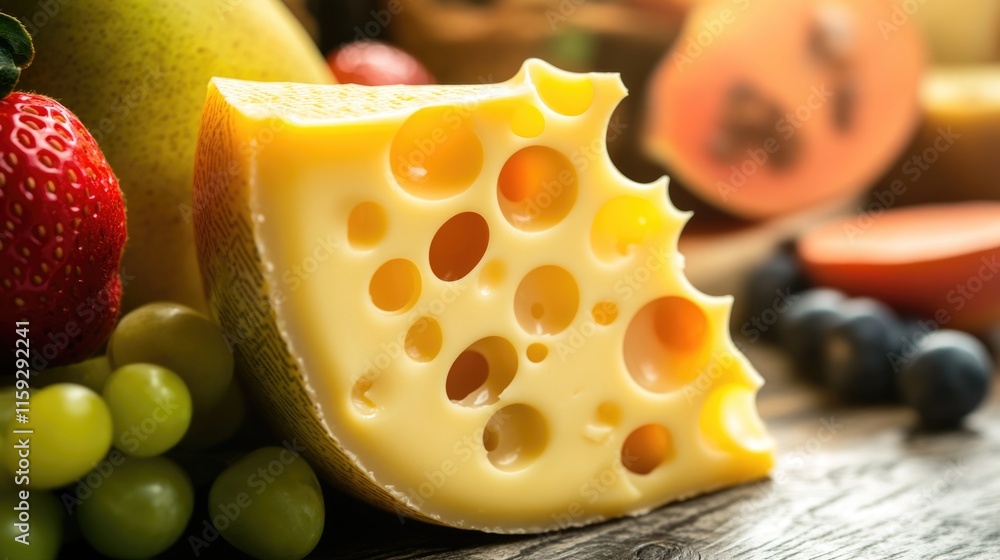 Poster a piece of cheese sits on a wooden table, ready for use or display