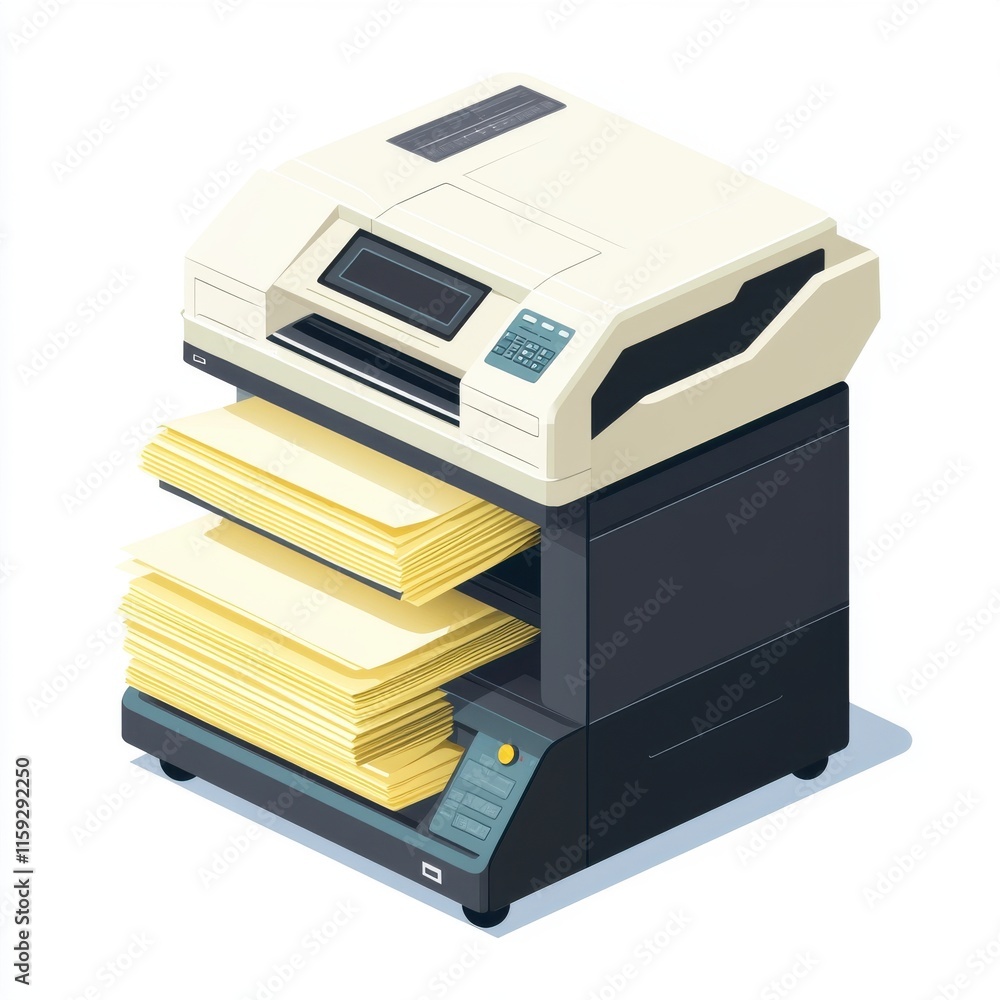 Poster an office multifunction printer with multiple trays filled with paper, designed for efficient docume