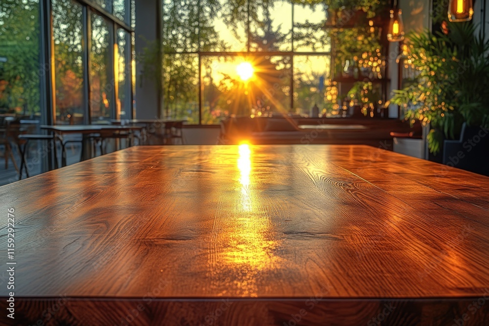 Poster a wooden table in front of a large window with natural light