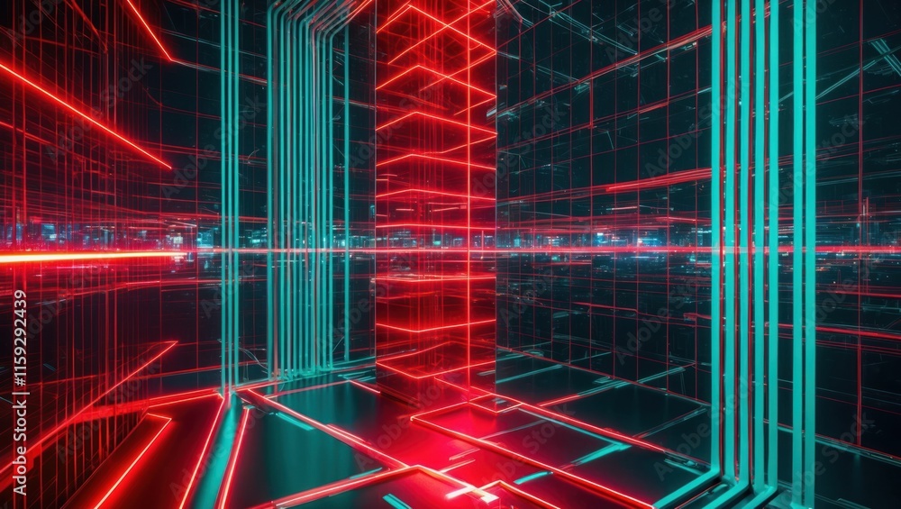 Poster futuristic digital environment featuring glowing neon lines and grids, creating an immersive sci fi 