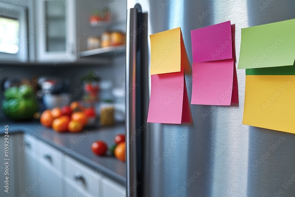 Poster a refrigerator with colorful post-it notes attached, perfect for office use or home organization