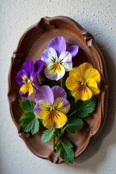delicate pansy flowers on a wooden decorative wall plate, flower arrangement, petal, leafy