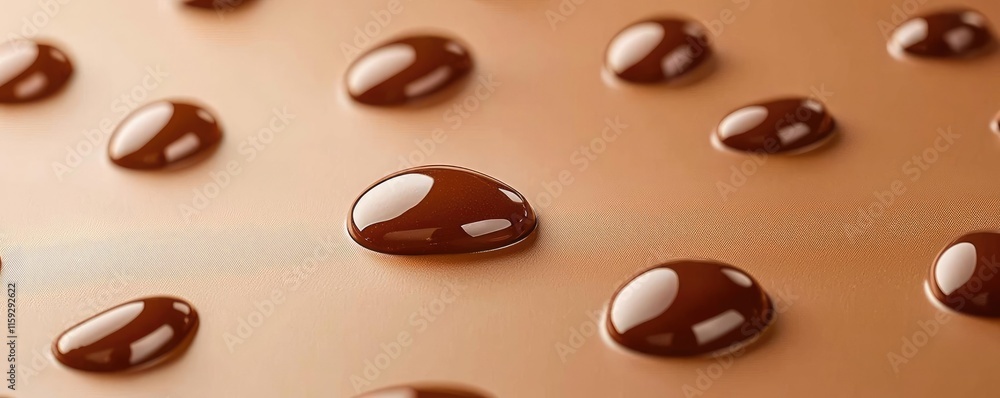 Poster minimal chocolates idea. close-up of glossy chocolate droplets on a smooth surface, evoking indulgen