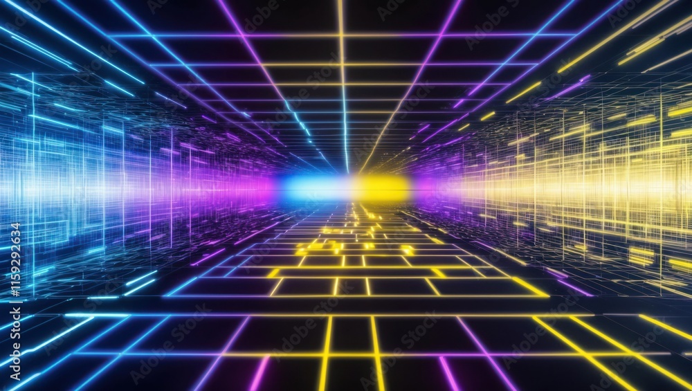 Aufkleber futuristic neon grid with vibrant colors and glowing lines, creating a digital illusion of depth and