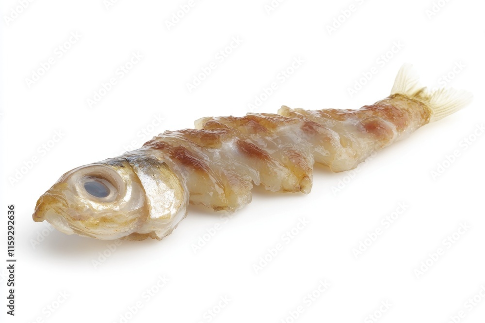 Poster a detailed view of a fish on a white background, suitable for use in scientific or educational conte