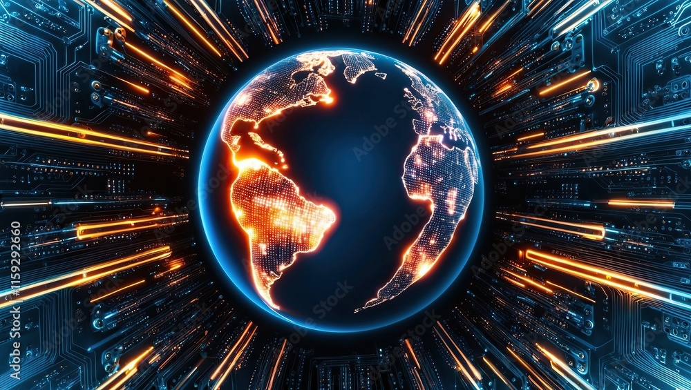Poster futuristic digital globe representing global connections and technology with circuits and vibrant co