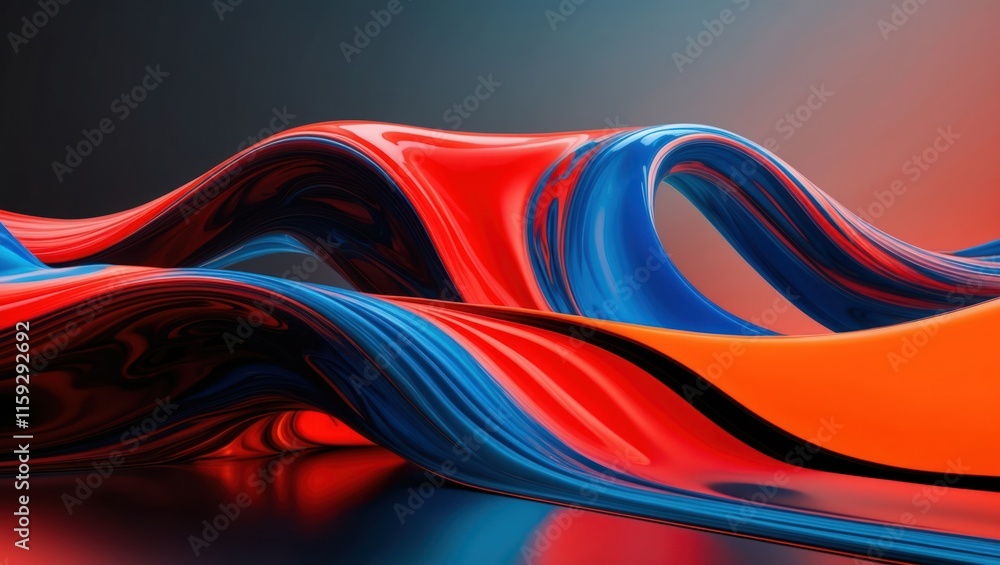 Poster dynamic abstract composition with fluid red and blue waves creating a colorful, modern atmosphere su