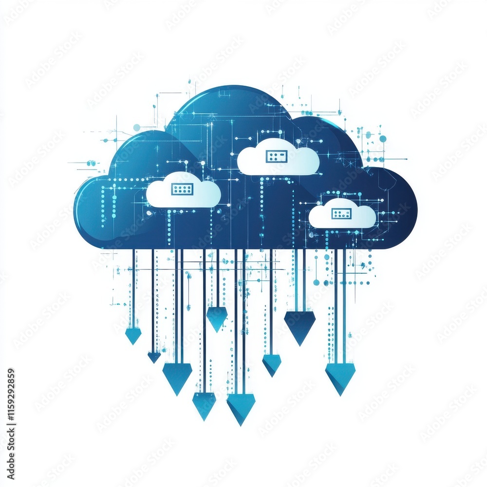 Poster a modern digital cloud graphic with blue tones and data stream elements, symbolizing cloud computing