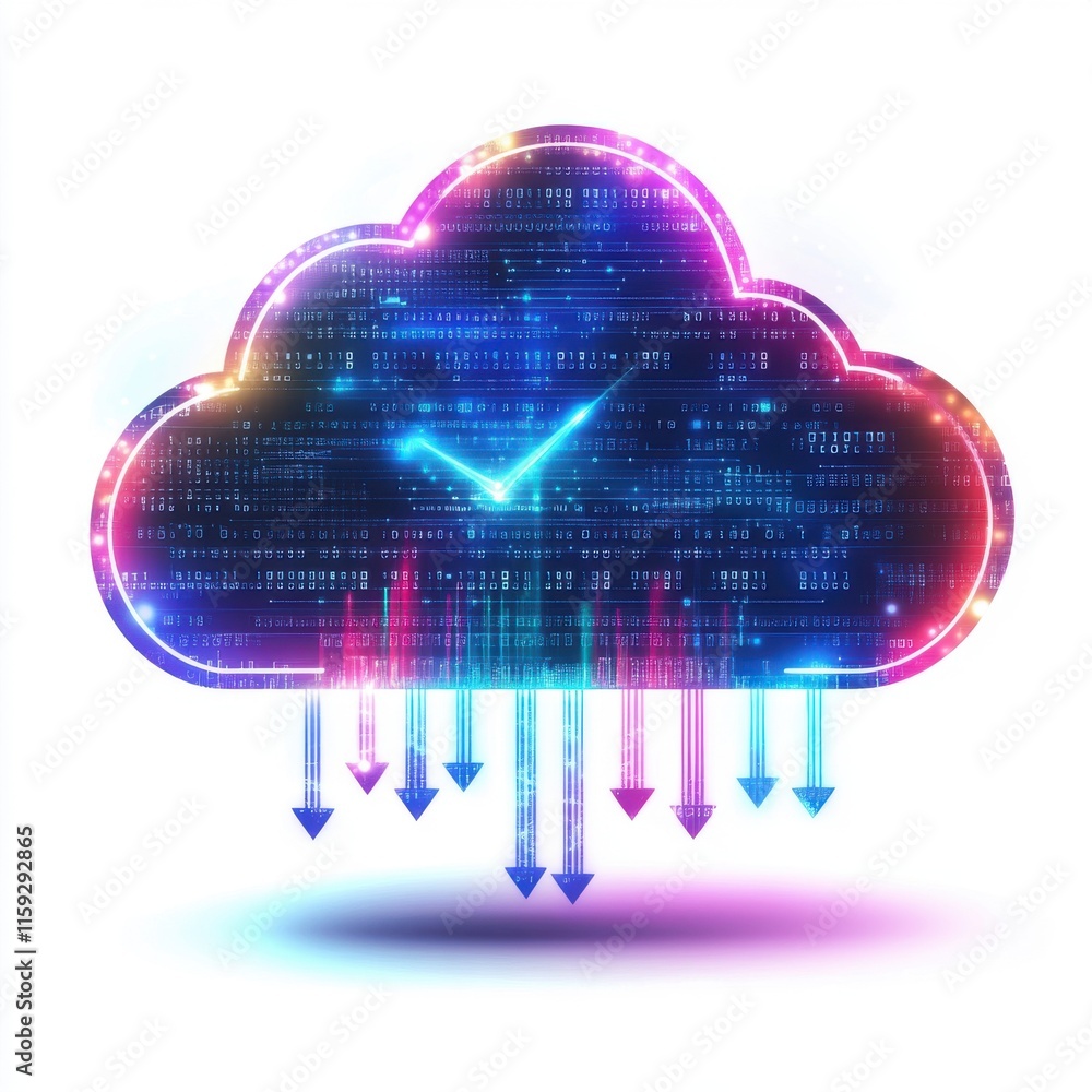 Poster a vibrant digital cloud representing data storage and transfer with colorful binary codes and downwa