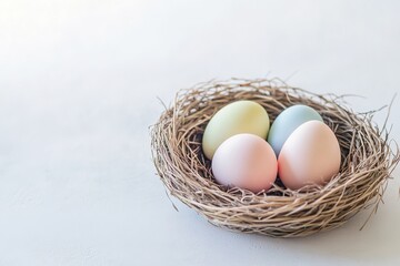 small woven nest containing three pastel-colored eggs resting on clean white surface