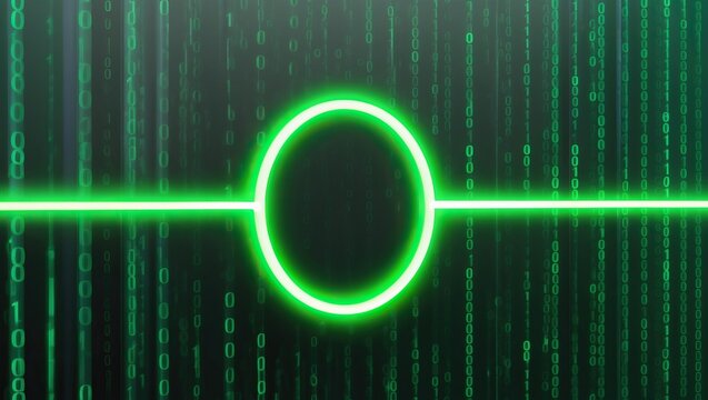 Futuristic digital background featuring glowing green binary code, abstract patterns, and a central circular line, ideal for technology concepts