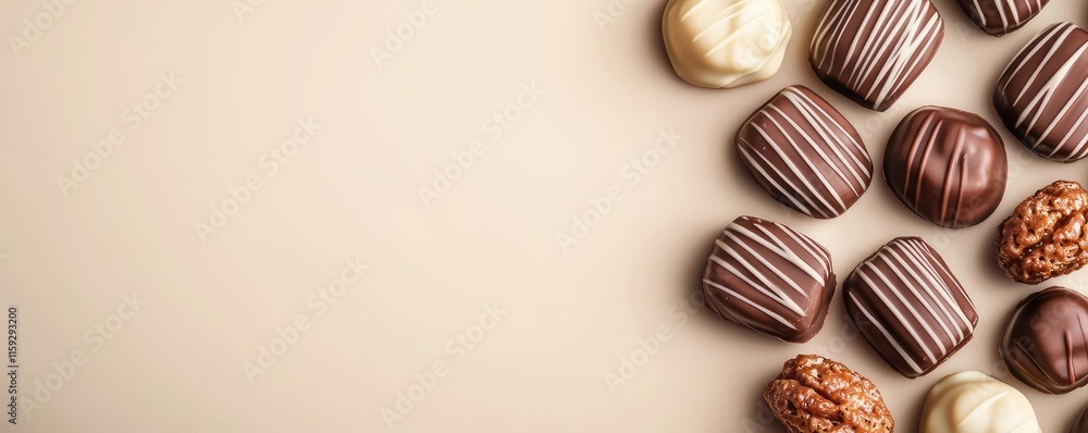 Poster minimal chocolates idea. a selection of delectable chocolates arranged on a smooth surface.