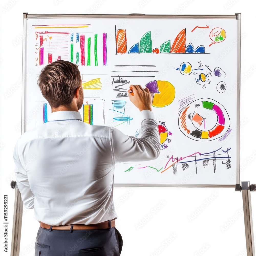 Poster a focused caucasian man sketches colorful graphs on a presentation board, illustrating a dynamic bra