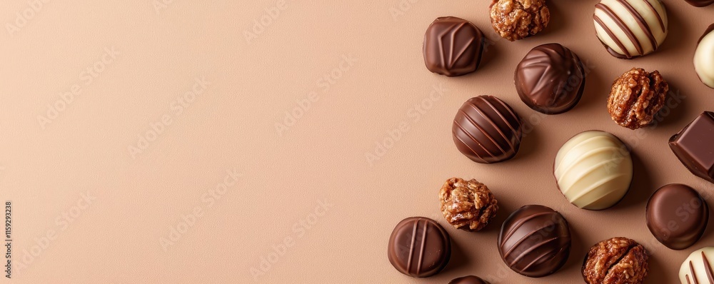 Poster minimal chocolates idea. a delightful assortment of assorted chocolates on a light background.