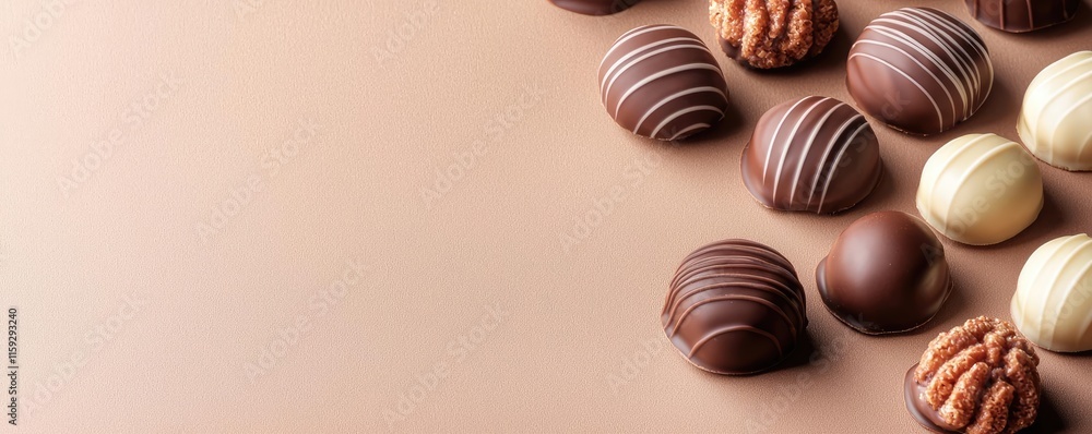 Poster minimal chocolates idea. assorted gourmet chocolates arranged elegantly on a soft beige background.