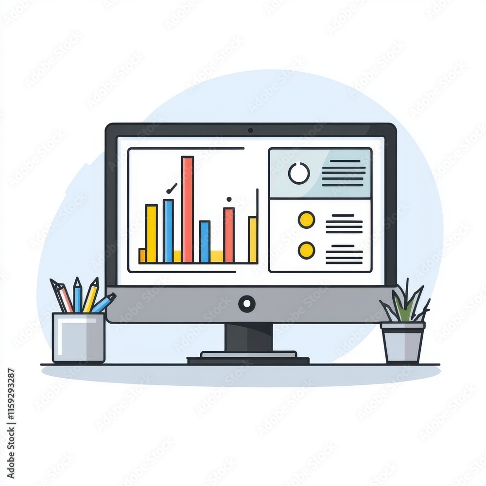 Poster a stylish desktop computer displays colorful graphs and reports, perfect for data analysis in an off