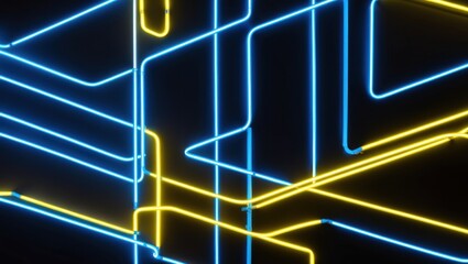 Naklejka premium Vibrant neon light lines in blue and yellow create an abstract, modern background, ideal for technology themed designs or creative projects