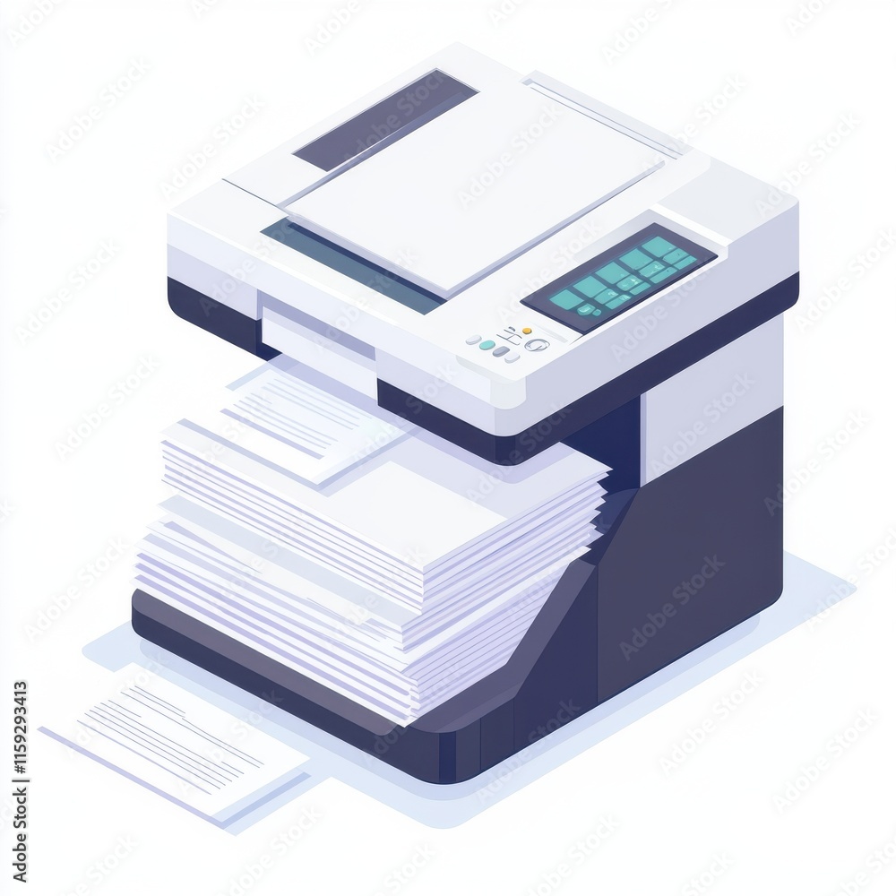 Poster modern multifunction printer with a stack of printed documents, showcasing efficiency in an office s