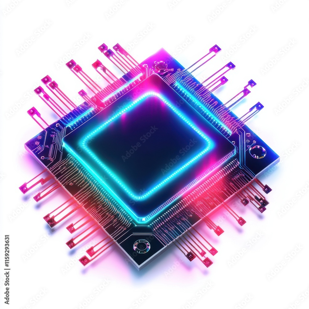 Poster a vibrant, futuristic microchip with glowing circuits, representing advanced technology and innovati