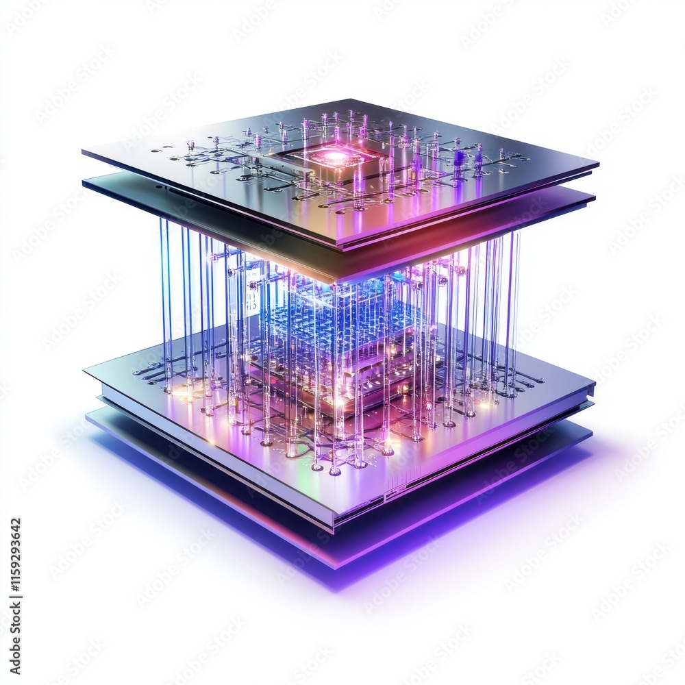 Poster futuristic close-up of a quantum computer with vibrant lights, showcasing complex circuitry and laye
