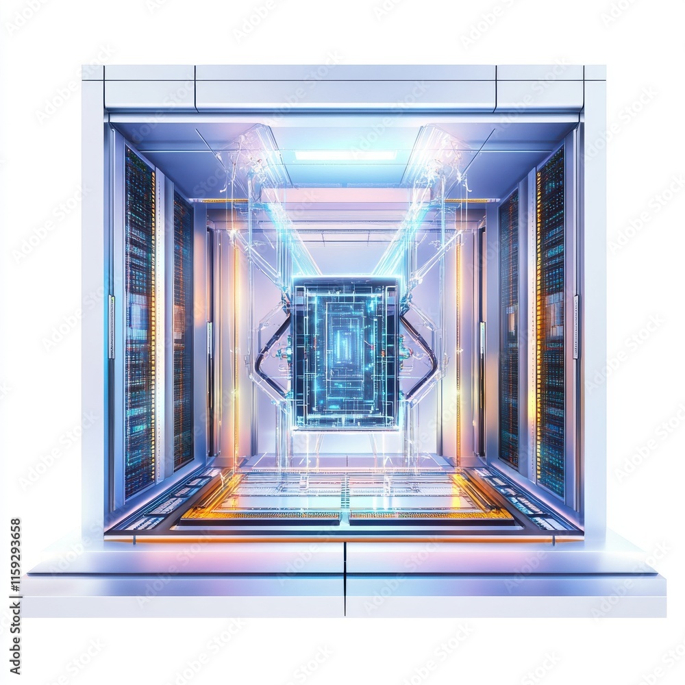 Poster futuristic data center with glowing circuits and high-tech server racks.