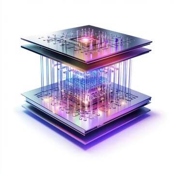 Futuristic close-up of a quantum computer with vibrant lights, showcasing complex circuitry and layered architecture.