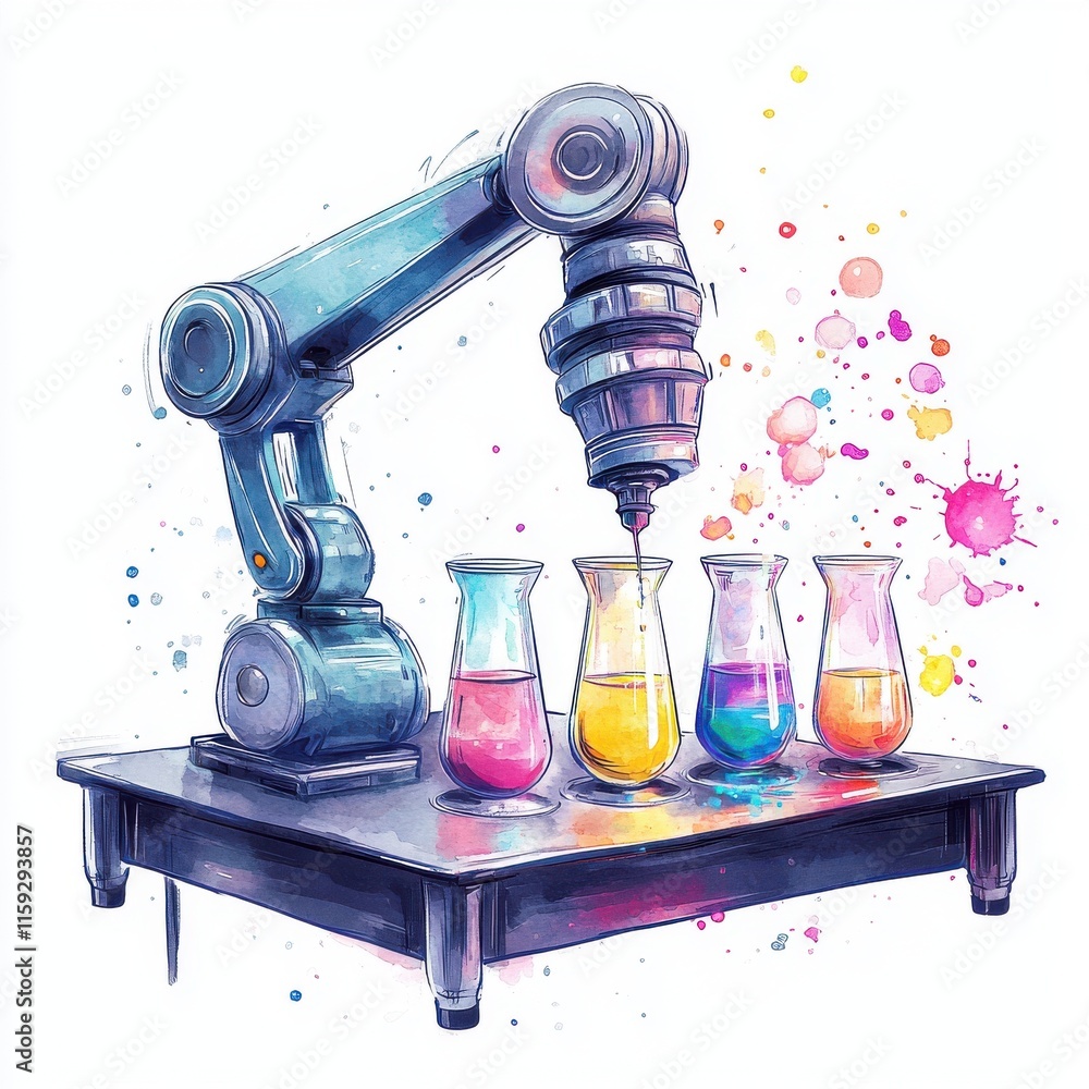 Poster a robotic arm artistic rendering experimenting with colorful liquids in glass beakers.