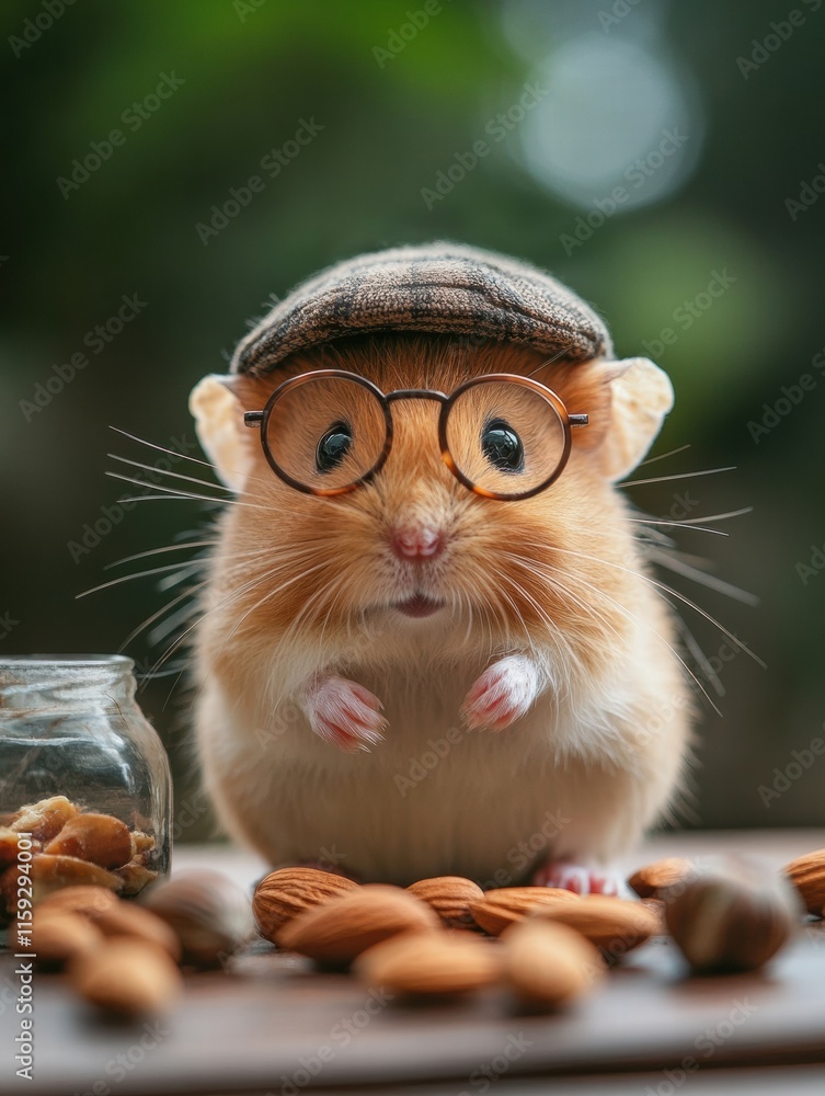 Poster cute hamster with glasses and a tiny cap exploring a collection of nuts on a wooden surface in a coz
