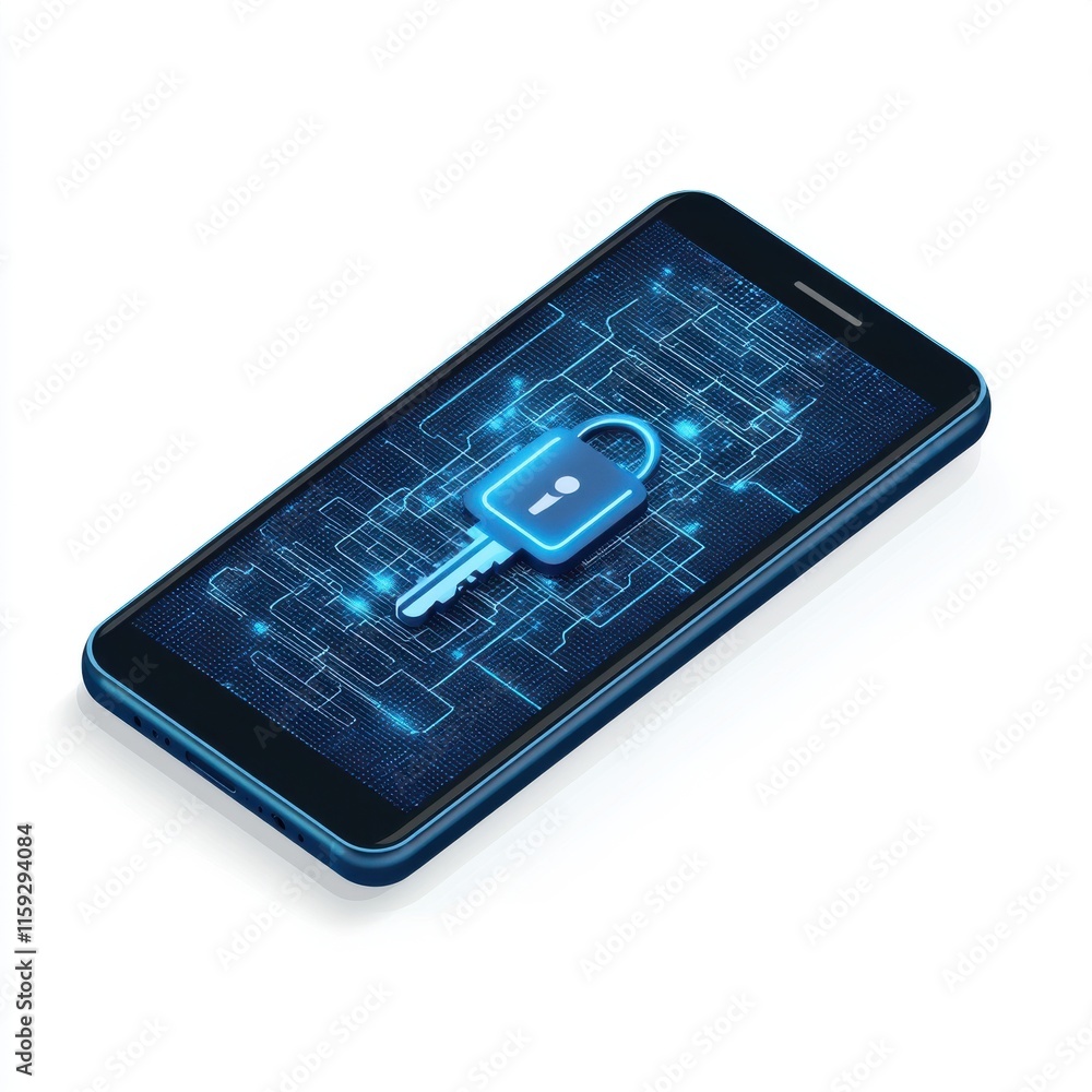 Poster a smartphone displaying a digital lock symbolizing cybersecurity and data protection.