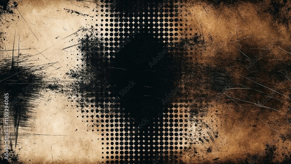 Poster abstract grunge texture with dark and beige colors, featuring dot patterns and scratches ideal for c