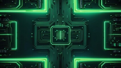 Fototapeta premium Futuristic electronic circuit design with glowing green lines and microchips, ideal for technology and innovation themes
